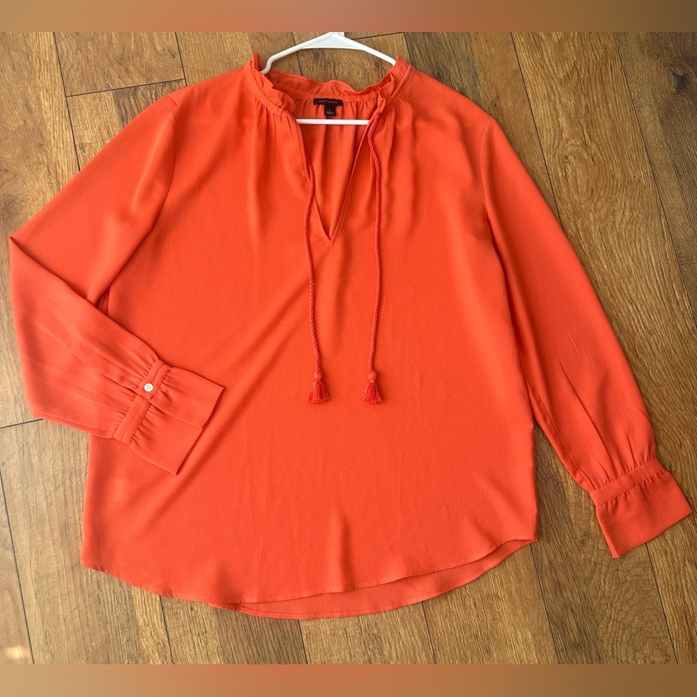 Ann Taylor Vibrant Salmon Colored V-neck Long Sleeved Blouse with Tassel Detail